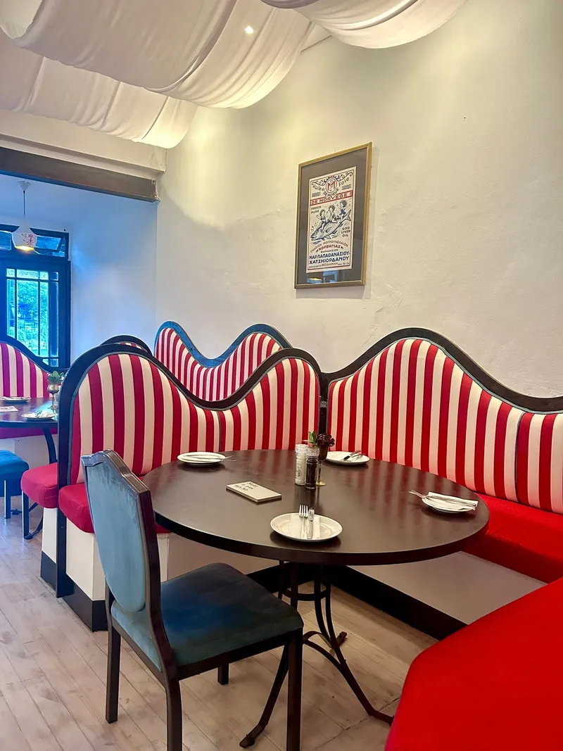 Red-and-white striped booths