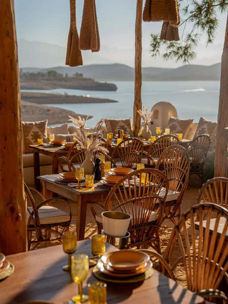 The whole taverna set with tables and lights